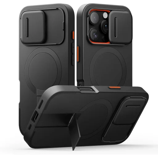 iPhone 16 Pro SURITCH Magsafe tok, kihajtható állvánnyal, fekete ütésálló - 1
