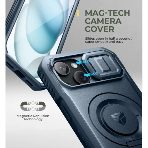 iPhone 15 Dexnor Magsafe 360 tok, kihajtható állvánnyal, kék ütésálló - 4