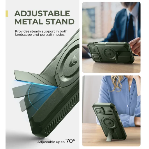 iPhone 15 Dexnor Magsafe 360 tok, kihajtható állvánnyal, zöld ütésálló - 3