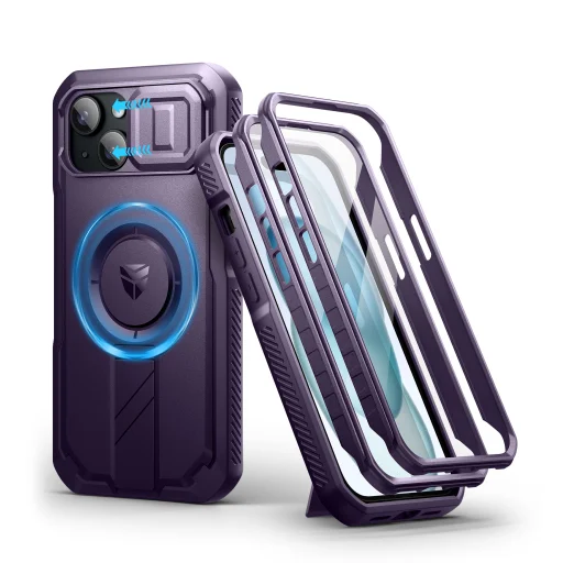 iPhone 15 Dexnor Magsafe 360 tok, kihajtható állvánnyal, lila ütésálló - 1