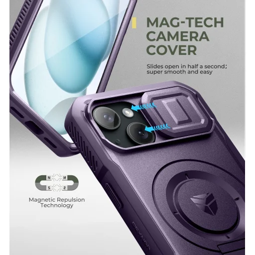 iPhone 15 Dexnor Magsafe 360 tok, kihajtható állvánnyal, lila ütésálló - 5