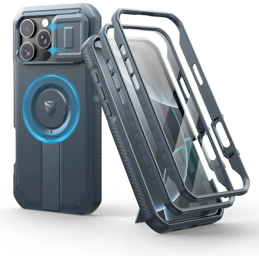  iPhone 16 Pro Max Kék 360 ütéssálló Dexnor Magsafe tok, kihajtható állvánnyal - 1