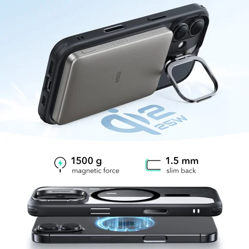  iPhone 17 Átlátszó Fekete ESR Klasszikus Hibrid HaloLock Kitámasztós Tok - 5