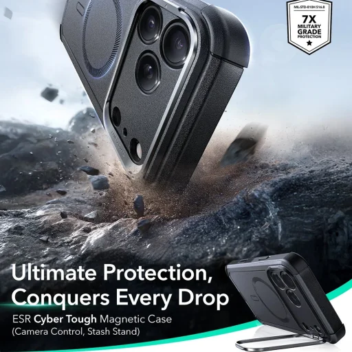  iPhone 17 Pro Fekete ESR Cyber Armor Kitámasztós tok - 3