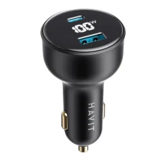 Havit - Autós töltő (CC100W) - USB, Type-C, PD100W, PC, digitális kijelzővel - Fekete