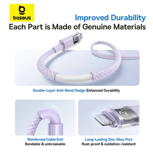 Baseus - Adatkábellel Kijelző 2 (P10382700511-01) - USB-ről Lightning-ra, Gyors Töltés, Digitális Kijelző, 2.4A, 2m - Köd Lila - 4