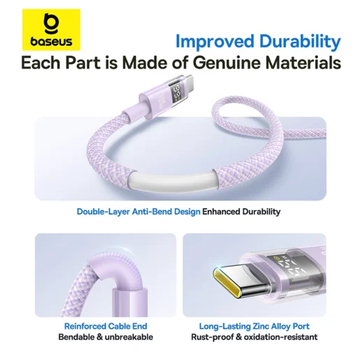 Baseus - Adatkábel Kijelzővel 2 (P10382701511-00) - Gyors töltés, USB - Type-C, Digitális kijelző, 100W, 1m - Nebula Lila - 10