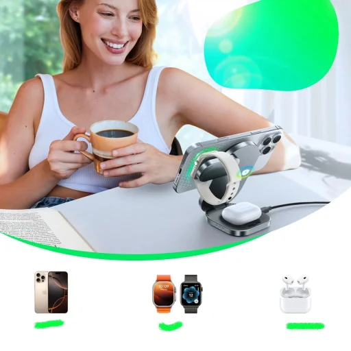 Joyroom JR-W17 Qi 3 az 1-ben vezeték nélküli induktív töltő - Fekete - 4