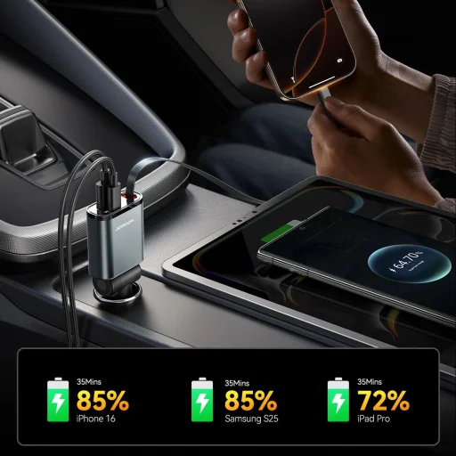 Joyroom JR-CCL07 3 az 1-ben autós töltő beépített visszahúzható kábellel - Sötétszürke - 6