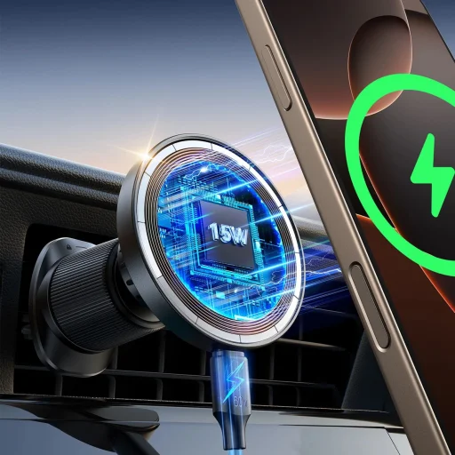 Joyroom JR-ZS502 MagSafe Kompatibilis Autós Telefontartó Vezeték Nélküli Töltővel Szellőzőre és Műszerfalra Rögzíthető - Fekete - 7