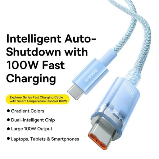 Baseus Explorer 100W USB-C - USB-C kábel intelligens hőmérséklet-érzékelővel 2m - Kék - 8