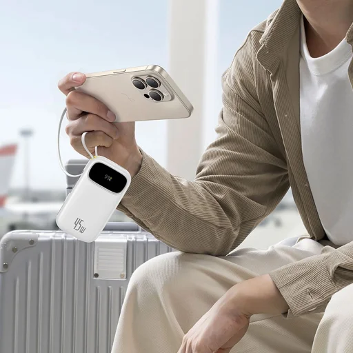 Baseus EnerFill FC31 20000mAh 45W Powerbank digitális kijelzővel és 2 beépített kábellel (USB-C + Lightning) - Fehér - 6