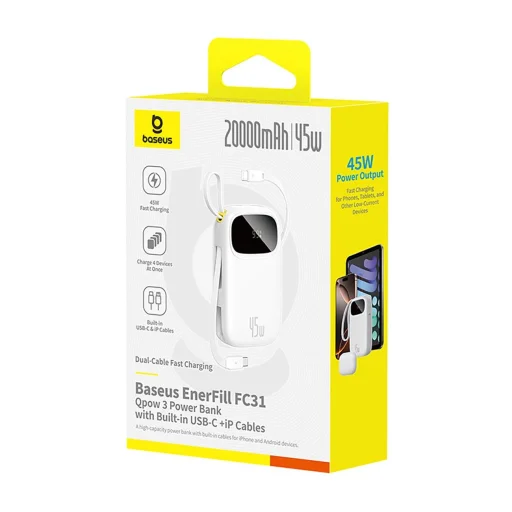 Baseus EnerFill FC31 20000mAh 45W Powerbank digitális kijelzővel és 2 beépített kábellel (USB-C + Lightning) - Fehér - 3