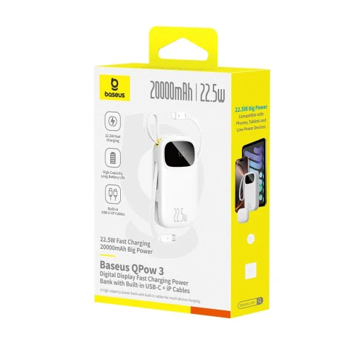 Baseus EnerFill FC31 20000mAh 22.5W Powerbank digitális kijelzővel és 2 beépített kábellel (USB-C + Lightning) - Fehér - 4