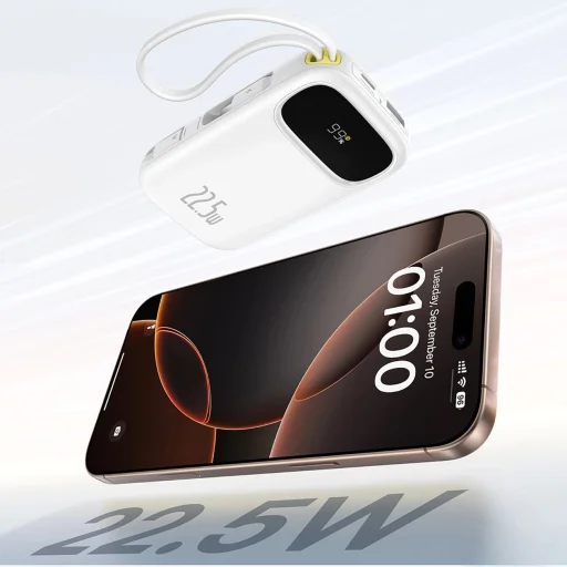 Baseus EnerFill FC31 20000mAh 22.5W Powerbank digitális kijelzővel és 2 beépített kábellel (USB-C + Lightning) - Fehér - 5