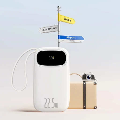 Baseus EnerFill FC31 20000mAh 22.5W Powerbank digitális kijelzővel és 2 beépített kábellel (USB-C + Lightning) - Fehér - 6