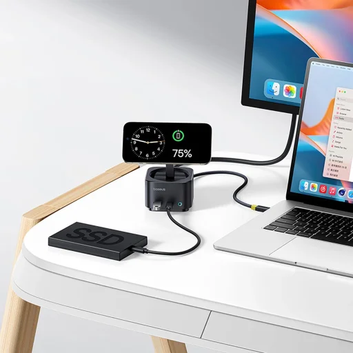 Baseus MagPro Series II 7 az 1-ben USB-C Hub MagSafe-kompatibilis töltővel 15W + HDMI + USB-A + USB-C + SD/TF - Fekete - 9