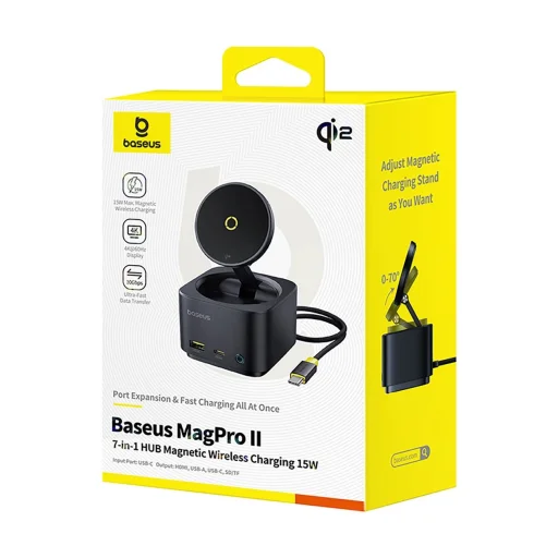 Baseus MagPro Series II 7 az 1-ben USB-C Hub MagSafe-kompatibilis töltővel 15W + HDMI + USB-A + USB-C + SD/TF - Fekete - 10