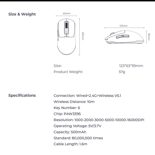 Havit - Vezeték nélküli gamer egér (MS969WB) - 1000 - 16000 DPI, LED világítás, 150mAh, 1,6m, 5V - Fekete / Lila - 6