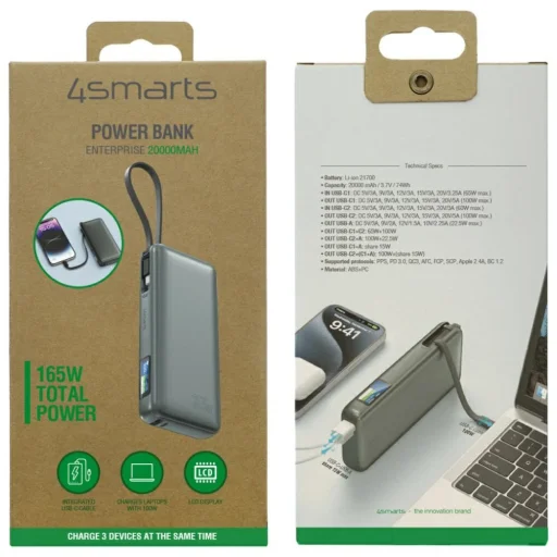 Powerbank 4smarts Enterprise 20000mAh 165W beépített USB-C kábellel szürke - 3