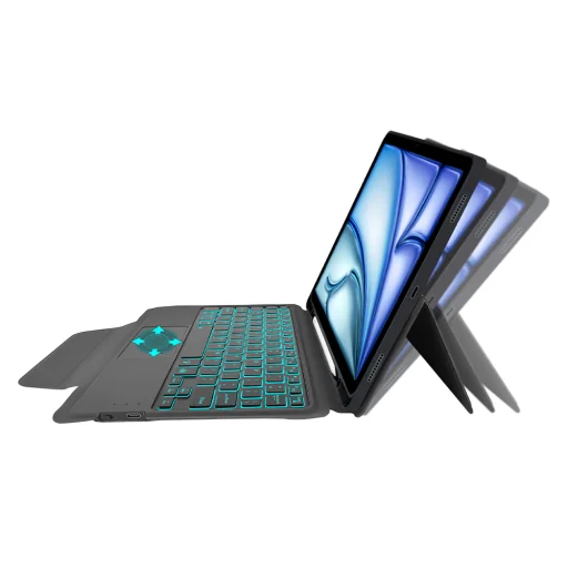 Techsuit - KeyTab Pro + Képernyővédő (RGB Vezeték nélküli Billentyűzettel/ Stylus Toll Tartóval) - iPad Air 11 2024/2025 - Fekete tok - 6