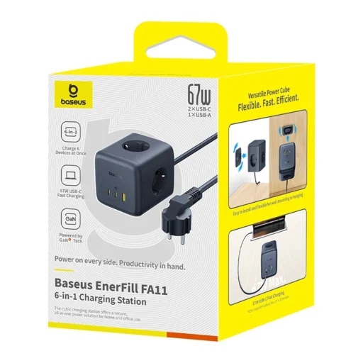 Baseus EnerFill FA11 67W hálózati elosztó, USB-A + USB-C kocka + 3 x EU aljzat 1,5m - Fekete - 8