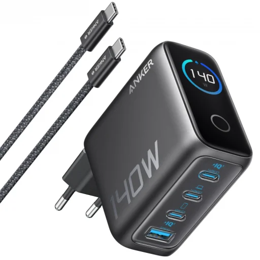 Hálózati Töltő Anker Zolo, 140W, 5A, 1 x USB-A - 3 x USB-C, USB-C Kábel, Fekete - 1