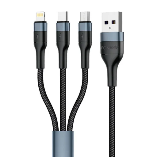 3in1 USB-ről USB-C / Micro USB / Lightning kábel, 3A, 1m (Fekete) Foneng X51 - 1