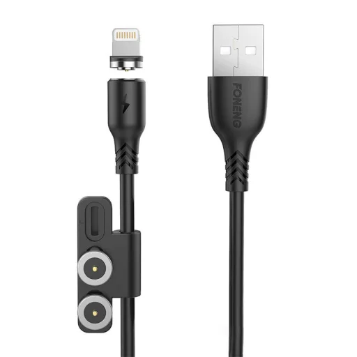 Magnetikus 3 az 1-ben USB kábel Foneng X62, USB-C / Lightning / Micro USB, 2.4A, 1m (Fekete) - 1