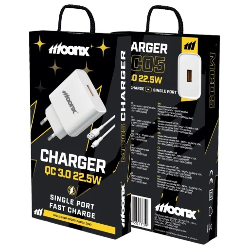 MOONX fali töltő MC05 22,5W 1xUSB QC3.0 + Micro USB kábel Fehér - 1