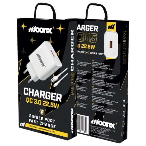 MOONX fali töltő MC05 22,5W 1xUSB QC3.0 + Lightning kábel fehér - 1