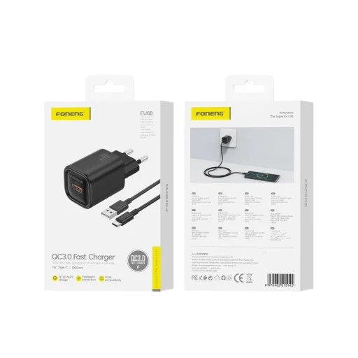 FONENG fali töltő EU68 18W 1xUSB QC3.0 + USB-C kábel Fekete - 1
