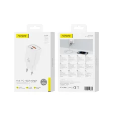 FONENG fali töltő EU70 PD 20W 1xUSB-C + 1xUSB QC3.0 Fehér