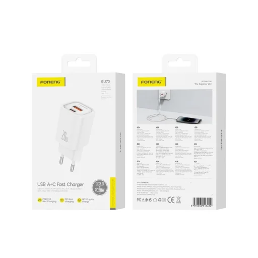 FONENG fali töltő EU70 PD 20W 1xUSB-C + 1xUSB QC3.0 Fehér - 2