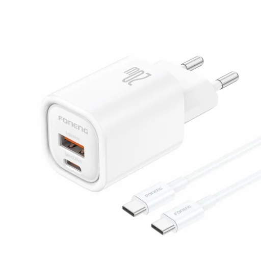 FONENG Fali töltő EU70 PD 20W 1xUSB-C + 1xUSB QC3.0 + kábel USB-C - USB-C Fehér - 2