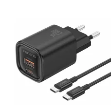 FONENG EU70 PD 20W 1xUSB-C + 1xUSB QC3.0 hálózati töltő adapter + USB-C - USB-C kábel Fekete