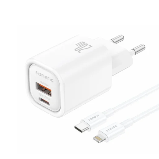 FONENG fali töltő EU70 PD 20W 1xUSB-C + 1xUSB QC3.0 + kábel USB-C - Lightning Fehér - 1