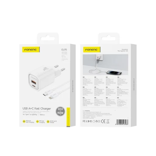 FONENG fali töltő EU70 PD 20W 1xUSB-C + 1xUSB QC3.0 + kábel USB-C - Lightning Fehér - 2