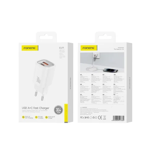 FONENG fali töltő EU71 PD 30W 1xUSB-C + 1xUSB QC3.0 Fehér - 2