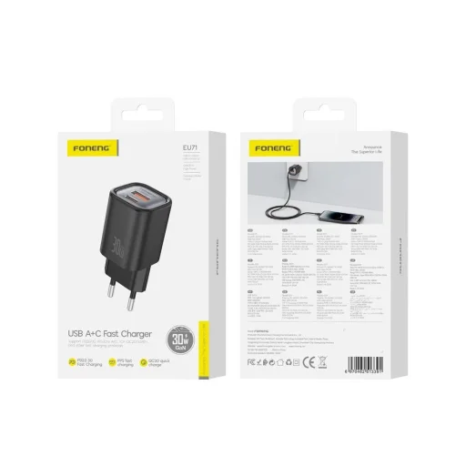 FONENG fali töltő EU71 PD 30W 1xUSB-C + 1xUSB QC3.0 Fekete - 1