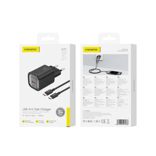 FONENG EU71 fali töltő PD 30W 1xUSB-C + 1xUSB QC3.0 + USB-C - USB-C kábel Fekete - 1