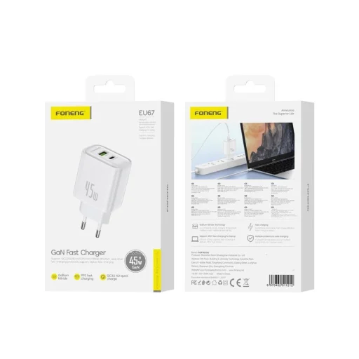 FONENG EU67 fali töltő PD 45W 1xUSB-C + 1xUSB QC3.0 Fehér - 1