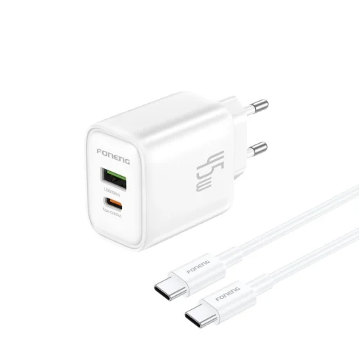 FONENG fali töltő EU67 PD 45W GaN 1xUSB-C + 1xUSB QC3.0 + kábel USB-C - USB-C Fehér - 1