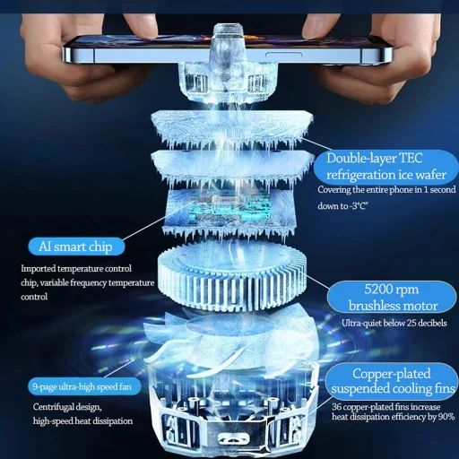 Phone Cooler Techsuit (SL17) - Mágneses, Hőmérséklet Kijelző, Fények, Gyors Hűtés, Hidraulikus Zajcsökkentés - Fekete - 6