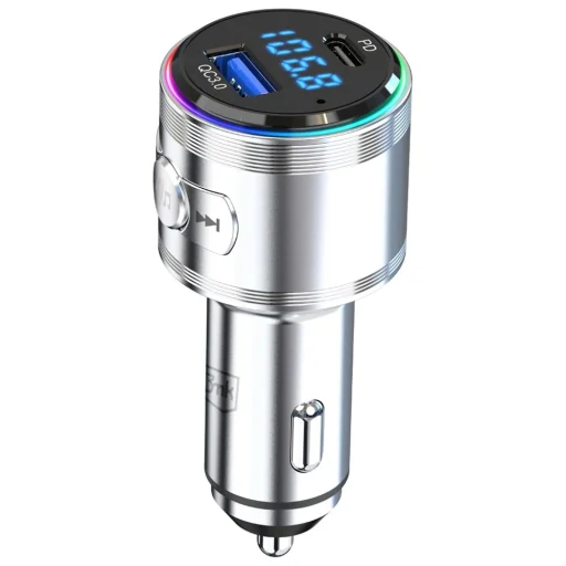 Autós töltő 3MK Hyper Car Power Transmitter 48W QC PD PPS USB-C/USB-A audió adóval ezüst - 5