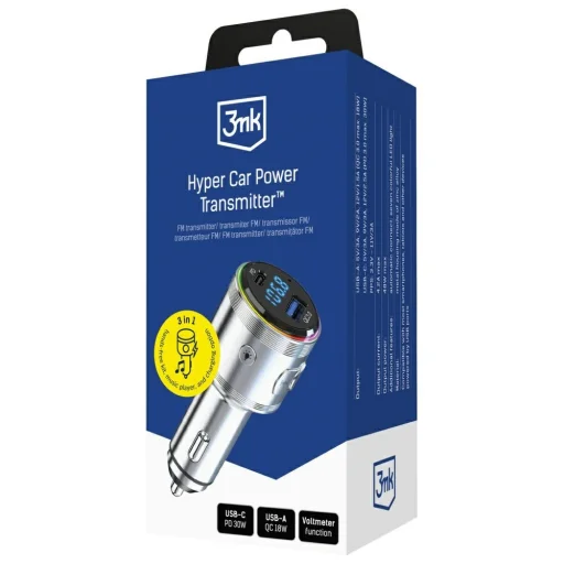 Autós töltő 3MK Hyper Car Power Transmitter 48W QC PD PPS USB-C/USB-A audió adóval ezüst - 8