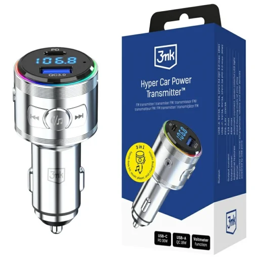 Autós töltő 3MK Hyper Car Power Transmitter 48W QC PD PPS USB-C/USB-A audió adóval ezüst - 1