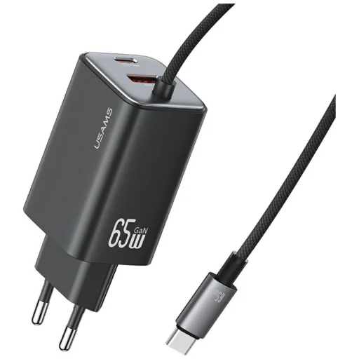 USAMS JC sorozat CC266 65W GaN gyorstöltő 2xUSB-C 1xUSB-A Fali töltő Fekete - 1