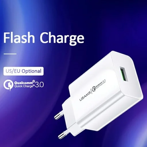 USAMS fali töltő 1xUSB T22 18W 3A QC3.0 + USB-C kábel 1m fehér (T48) T48OCLN01 - 2