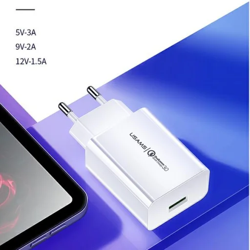 USAMS fali töltő 1xUSB T22 18W 3A QC3.0 + USB-C kábel 1m fehér (T48) T48OCLN01 - 3